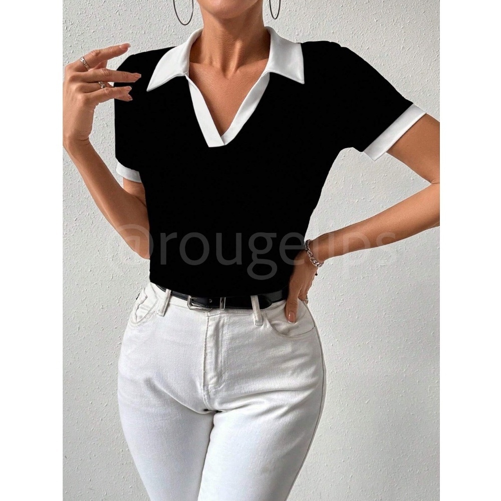 Black V-Neck Short Sleeve Shirt White Trim Collar - Picture 5 of 6